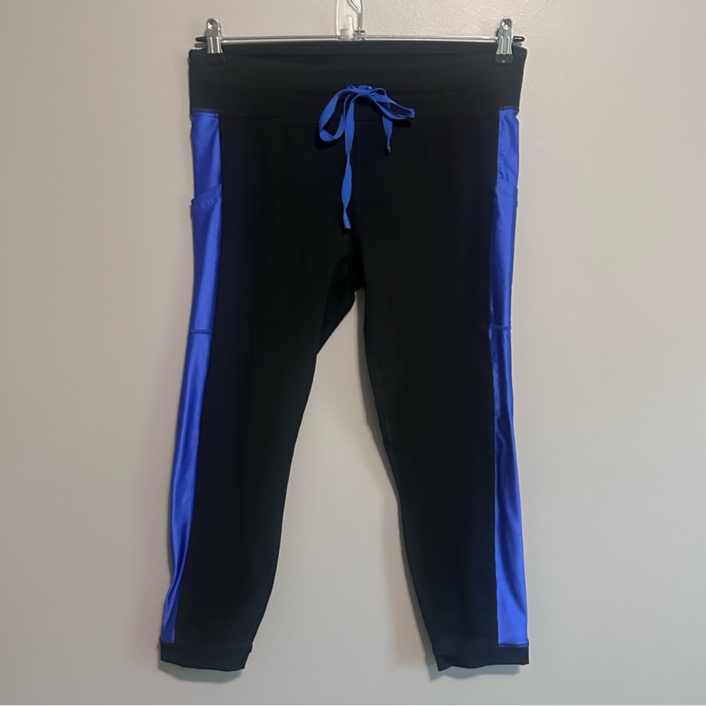 Fabletics Powerhold Leggings XL Black Blue Side Panel Tie Waist 7/8